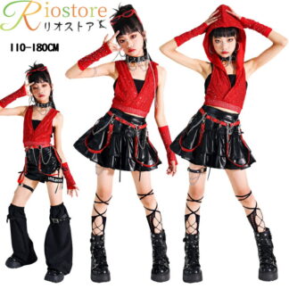 スパンコール 赤 ノースリーブパーカー 黒 レザーウェア パンツ スカート 韓国 ジャズダンス 演出服 ステージ衣装 キッズファッション k-pop 女の子 キッズ ヒップホップ キッズダ