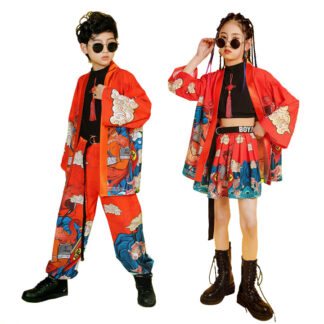 キッズ ダンス衣装 チャイナ風 オレンジ セットアップ 女の子 男の子 チアガール へそ出し スカート パンツ 子供服 ヒップホップ 中華風 おしゃれ 3点セット カッコイイ hipho