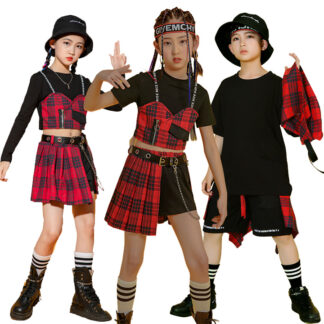 キッズ ダンス衣装 黒 赤 ギンガムチェック セットアップ チアガール ステージ衣装 韓国風 子供服 ヒップホップ 男の子 女の子 上下セット おしゃれ スカート ショートパンツ ストリート シャツ