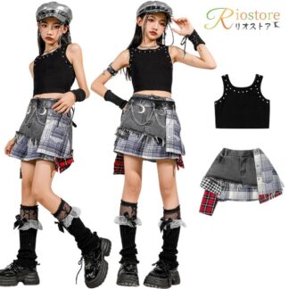 キッズ ダンス 衣装 女の子 セットアップ スカート K-POP 韓国 ヒップホップ デニム チェック柄 パンク ロック 発表会 服 ダンス衣装 アシンメトリー ストリート系 キッズダン
