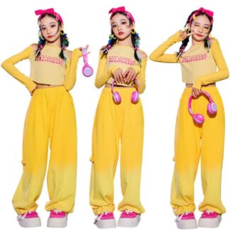 キッズ ダンス 衣装 イエロー 長袖 タイダイ柄 グラデーション オンブレ 肩出し ワイドパンツ カーゴパンツ セットアップ 女の子 ジュニア ストリート 普段着 運動着 ヒップホップ HIP