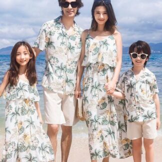 親子 ペアルック 夏服 アロハシャツ アロハ ドレス カップル 家族お揃い衣装 海旅行 新婚旅行 ビーチ衣装 Tシャツ+半ズボン ロング丈ドレス 家族活動 親子コーデ プレ ヤシの木柄