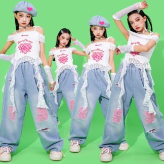女の子 デニムダンス衣装 ジャズ ヒップホップ チアダンス かっこいい 演出服 個性 レーススカラップ付き トップス ダメージ加工 デニムパンツ ダンスパンツ jazz hiphop ダボ感