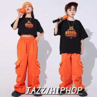 キッズ ダンス 衣装 ジャズ ヒップホップ 演出服 男女お揃い 上下セット カーゴパンツ 半袖Tシャツ 練習服 子供服 体育祭 子ども ジャズダンス オレンジ 黒 男女コーデ