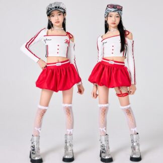 女の子 KPOP ジャズダンス衣装 ジャズ ヒップホップ チアダンス衣装 長袖Tシャツ プリーツスカート 可愛いリボン 夏服 学園祭 チアダンス ステージ衣装 レッド 文化祭