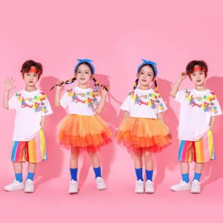 キッズ チアダンス 衣装 子供服 夏服 子ども 応援服 チアガール ダンス衣装 男女お揃い 可愛い チュールスカート パンツセット 合唱 団体服 運動会 体育祭 卒業式 園服 オレンジ 入学式
