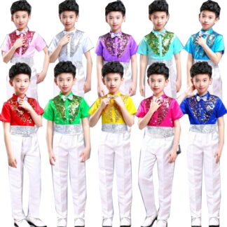 スパンコール シャツ 10色 子供服 男の子 シャツ＋長ズボン＋ベルト＋リボン 4点セット 子ども キッズ舞台演出服 ステージ衣装 合唱団体服 ダンス衣装 文化祭 学園祭 イベン 演出服