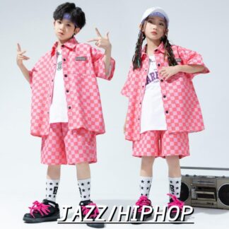 キッズ ダンス 衣装 ジャズ ヒップホップ 演出服 男女お揃い チェック柄 半袖シャツ 半ズボン 子供服 体育祭 子ども 子供 かっこいい ピンク 男女コーデ