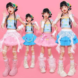女の子 ダンス衣装 ジャズ ヒップホップ チアダンス 可愛い 演出服 個性 チュールスカート プリーツスカート レーススカート jazz 子供 発表会 おしゃれ hiphop