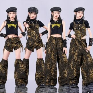 女の子ダンス衣装 ジャズ ヒップホップ 演出服 豹柄 ダンス衣装 レオパード 半ズボン 長ズボン ゆったりダボ感ダンス衣装 ヒョウ柄 舞台演出服 女の子 hiphop チアダンス ガールズ jazz