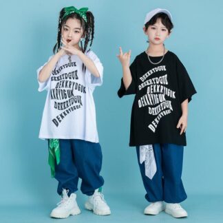 キッズダンス衣装 デニムパンツ ゆったりTシャツ 子供 ジャズ ヒップホップ ダンス衣装 ジーンズ かっこいい演出服 ステージ衣装 白 黒 男女お揃い