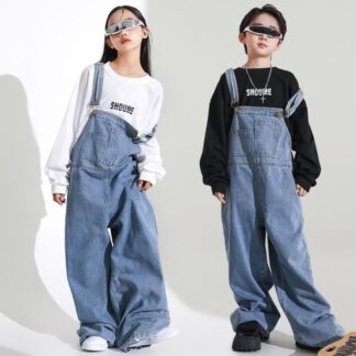 子供デニムサロペット キッズヒップホップダンス衣装 デニム オーバーオール ゆったり ダボる ジーンズ 男女兼用 デニムパンツ サロペット 長袖Tシャツ 110-180 ダンス
