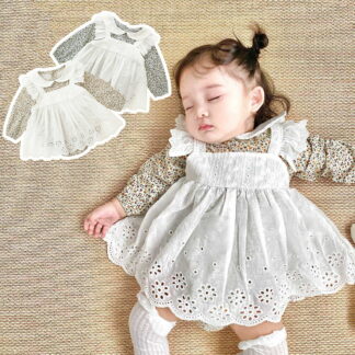 ベビー服 ロンパース ワンピース 女の子 かわいい 花柄 レース 重ね着風 春 夏 秋 フォーマル 新生児 長袖 ドレス 59 66 73 80 おしゃれ 人気 お出かけ 90