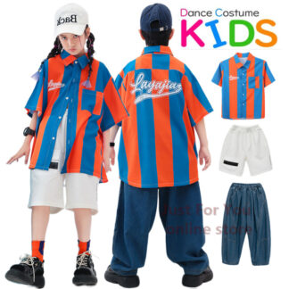 柄シャツ 半袖 ボーダー柄 キッズ ダンス衣装 セットアップ 子供服 ヒップホップ ジーパン サルエルパンツ ゆったり 女の子 男の子 かっこいい トップス ストリート系 レッスン着 H