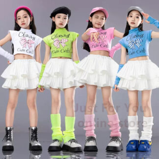 リボン柄 チア チアガール 女の子 ストリート 公演 ドラムショー セットアップ ガールズ K-POP ダンストレンド ファッション ジャズダンス衣装 4点セット 応援団 リストバンド キッズダンス
