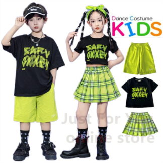 黒 グリーン 格子柄 キッズ ダンス衣装 セットアップ へそ出し トップス ヒップホップ 韓国 子供 チェック衣装 総柄 キュロット スカート 女の子 子供の日 演出服 韓国ファッション