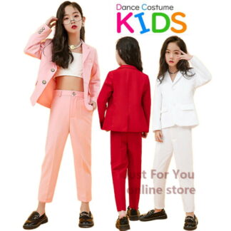 赤 白 黒 パンツ スーツセット 女の子 セットアップ ダンス衣装 ヒップホップ クロスーツ ダンスファッション 無地 ガールズ ジャケット ズボン フォーマルスーツ ブラック K- 黒スーツ