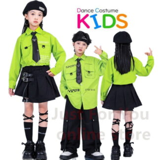 ダンス 衣装 緑 キッズダンス衣装 セットアップ 子供服 カーゴパンツ スカート 長袖シャツ 韓国ファッション ガールズ 演出服 ヒップホップ ステージ衣装 舞台 男の子 女の子 hip
