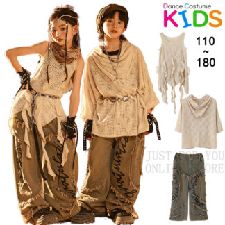 パンク風 ベージュ へそ出し ジーパン キッズ ダンス衣装 ヒップホップ セットアップ 子供服 女の子 男の子 チアリーダー 半袖 トップス デニムパンツ ロングパンツ かっこいい 派手 個