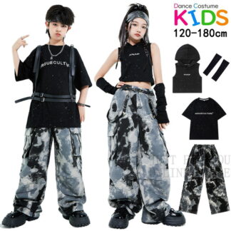 迷彩柄 黒Tシャツ 半袖 子供服 キッズ ダンス衣装 へそ出しシャツ セットアップ ヒップホップ 女の子 男の子 トップス ロングパンツ HIPHOP ストリート ダンスウェア チア jazz