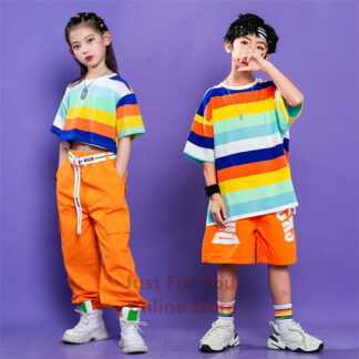 レインボー柄 ライン 半袖 シャツ キッズダンス衣装 セットアップ トップス tシャツ 男の子 虹色 k-pop キッズ パンツ カラフル色 子供 衣装 ヒップホップ ダ ダンス