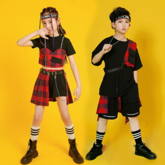 キッズ ダンス 衣装 へそ出し ヒップホップ シャツ スカート 女の子男の子 ファッション 半袖 ストリート 原宿系 舞台 ユニーク 演出 注目 チェック柄 かっこいい 競技 普段着 ジャズ