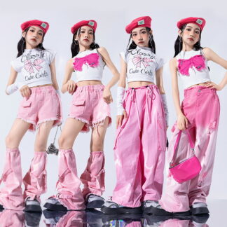 蝶トップス ピンク キッズ ダンス衣装 ガールズ 女の子 へそ出しシャツ かっこいい ヒップホップ 子供服 チアガール ジャズダンス セットアップ デニム カーゴパンツ 上下セット HIPHO
