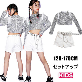 キッズ ダンス 衣装 セットアップ へそ出し 女の子 長袖 スパンコール チアガール チアダンス ダンスパンツ ガールズ ジャッズ 韓国風 ヒップホップ 演出服 ダンスウェア ジュ ストリート