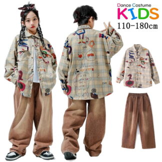 チェック柄 長袖 シャツ 子供 キッズ ダンス衣装 男の子 女の子 ストリート セットアップ 韓国 ステージ衣装 b系 jazz K-POP 派手 上下セット パンツ HIPHOP 応援団 トップス