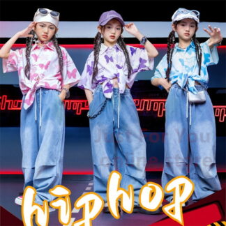 蝶 柄シャツ 派手 キッズダンス衣装 セットアップ アロハシャツ パンツ デニムパンツ ダンス 衣装 男の子 女の子 キッズ ヒップホップ ガールズ トップス 長ズボン ジ キッズダンス