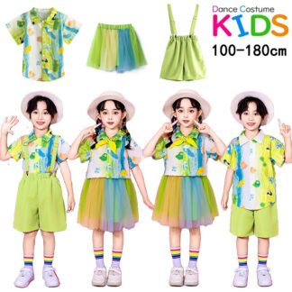 グリーン 半袖 Tシャツ チアガール キッズダンス 衣装 セットアップ ステージ衣装 子供 チアダンス jazz K-POP 応援団 発表会 練習着 舞台 団体服 演出服 男の子 男女兼用 ヒ