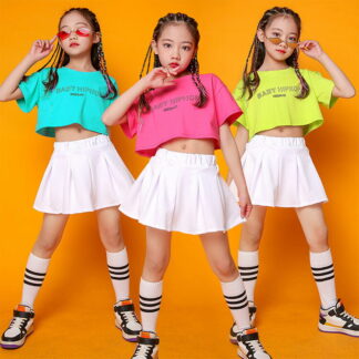 ダンス 衣装 韓国 キッズ チアガール ガールズ トップス スカート アップ ジャズダンス へそ出し ヒップホップ 舞台服 発表会 応援団 練習着 人気 おしゃれ 舞台効果抜群 体操服