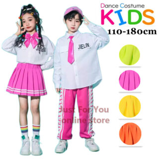蛍光緑 バラ色 黄 橙 韓国 ギャル 子供 服 キッズダンス衣装 女の子スカート シャツ 蝶結び付き 応援団 チアリーディング hiphop K-pop 舞台 団体 jk 演出服 セットアップ 制服