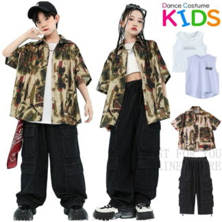 柄シャツ ジーンズ カーゴパンツ キッズ ダンス衣装 ヒップホップ セットアップ 子供服 上下セット おしゃれ 男の子 女の子 かっこいい ストリート系 半袖 デニム ロングパンツ 長パン トップス