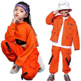 橙色 キッズ ダンス 衣装 子供服 ヒップホップ タンクトップ キッズダンス衣装 カーゴパンツ ジャケット ジュニア 女の子 長袖シャツ オレンジ へそ出し