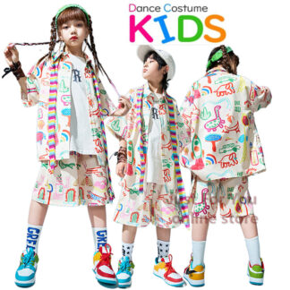 柄シャツ キャラクター 総柄 派手 白パンツ キッズダンス衣装 セットアップ カジュアルシャツ ハーフパンツ おしゃれ ジュニア 男女兼用 子供服 ヒップホップ ｔシャツ HIPHOP ス