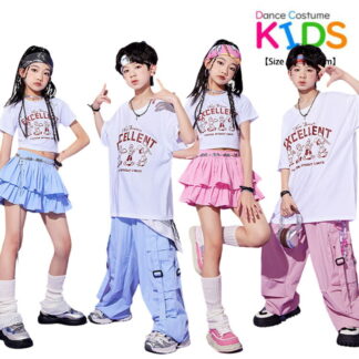 水色 紫 ピンク 公演服 キッズ ダンス衣装 白 半袖シャツ ブルー ズボン スカートセット ヒップホップ 舞台演出服 子供 ダンスウェア パンツセット 男の子 お揃い ステージ衣 女の子
