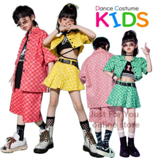 赤 緑 黄 ピンク 格子柄 半袖 柄 シャツ スカート パンツ 子供ダンス 男の子 女の子 夏用 イベント服 セットアップ キッズダンス ダンス衣装 HIPHOP へそ出し 上下セット キ