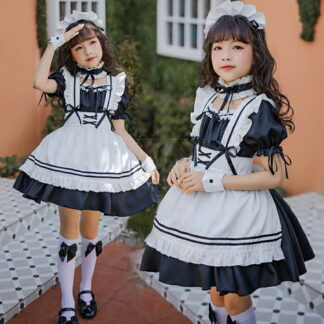 メイド服 キッズ コスプレ ブラック 黒 メイド ワンピース 衣装 子供用 女の子 仮装 半袖 ロリータ セット 子供 こども ハロウィン衣装 キッズドレス 可愛い キ 子供服