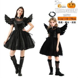 エンジェル ハロウィン ブラック ワンピース 女の子 キッズ コスプレ 天使 悪魔 翼 デビル コスプレイベント 文化祭衣装 ダンス衣装 舞台衣装 羽付きコス ヘッドドレス ゴシック