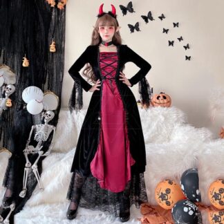 レディース ハロウィン ドレス 大人 コスプレ衣装 女王 魔女 こすぷれ コスチューム ロング丈ドレス レースドレス 吸血鬼 変身仮装 Halloween party 悪魔