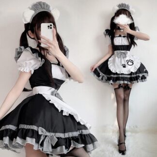 メイド服 猫爪柄 ティアードワンピース 半袖 メイドロリータ ワンピース 可愛い リボン メイド喫茶 cosplay メイド cos ハロウィン コスチューム スカラップ 学園祭 変身仮装 黒