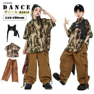 ダンス衣装 セットアップ キッズ 男の子 女の子 男女兼用 チーム衣装 半袖シャツ ベスト カーゴパンツ K-POP ジャッズ ヒップホップ チアガール スポーツウェア ダンスチーム ダン