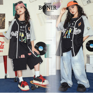 キッズダンス衣装 ジャズ ダンス ベースボールシャツ ゲームシャツ かっこいい 野球 ステージ衣装 ストリートダンス 子供服 ヒップホップ 半袖 トップス ガールズ シャツ 発表 ユニセックス