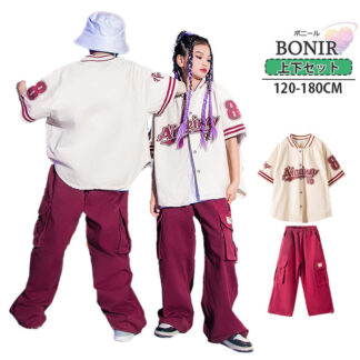 キッズ ダンス 赤 衣装 ヒップホップ 2点セット セットアップ HIPHOP シャツ 半袖 ジャケット ロングパンツ 男の子 女の子 ダンス衣装 ジャッズ 応援団 ステージ衣装 演出服 スト