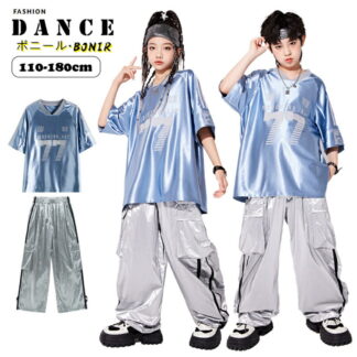 キッズ ダンスウェア セットアップ ヒップホップ ストリート 男女兼用 チーム衣装 青 トップス ユニフォーム 半袖 シルバー パンツ ロング 子供服 ダンス発表会 Y2K ユニセックス