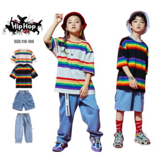 虹色シャツ 半袖 キッズ ダンス衣装 ヒップホップ ボーダー柄シャツ デニムパンツ 子供服HIPHOP ストリート ボーダー ジャズ ダンス ユニセックス 舞台 110-180 衣装