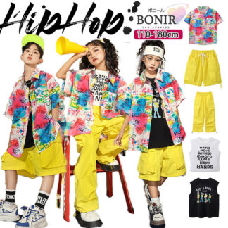 柄シャツ 半袖 キッズ ダンス衣装 派手 セットアップ 女の子 男の子 ネオンピンク 水彩 タンクトップ 黒 白 へそ出し イエロー短パン ピンク ブルー 子供服 韓国風 原宿系 カッコ 応援団