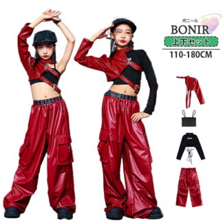 女の子 レザー キッズ ダンス衣装 へそ出し ワインレッド 長袖 無袖 セットアップ レザーズボン ロングパンツ 子供服 ヒップホップ ダンス HIPHOP ス ゆったり