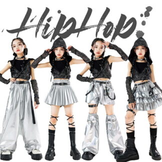 スパンコール ダンス キッズ 女の子 シルバー ティアードスカート ダンス衣装 フード付き ガールズ 無袖 スカート 長ズボン 短パンツ ダンスウェア 応援団 イベント ジュニア 発表会